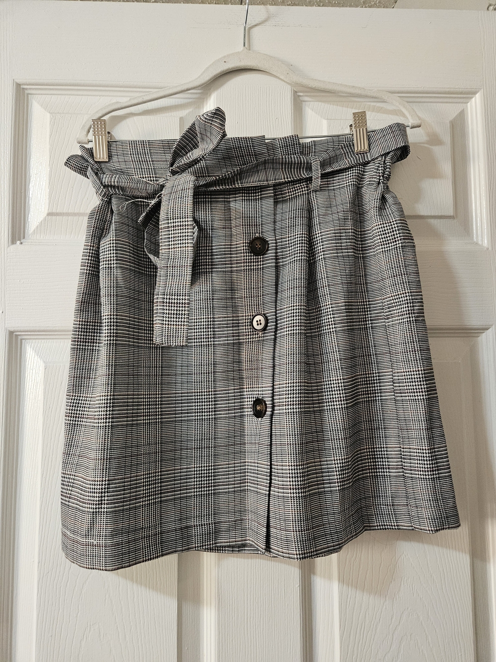 eesome Gray Plaid Paperbag Waist A-Line Skirt with Tie Size L